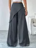 Calça Pantalona Slimming Patchwork Cinza para Mulheres, Novo Design de Outono com Cordão Cintura Alta Comprimento Total Calça Saia em Preto