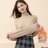 Camiseta básica de cuello medio para mujer para otoño e invierno, con forro polar añadido y grosor, corte ajustado, talla grande, top térmico de manga larga acanalado