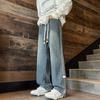 Jeans Vintage Lavado Masculino Solto Casual Americano Listrado Patchwork Calças Wide Leg Masculinas High Street Calças Retas