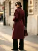 Abrigo largo de lana color vino tinto con solapa grande y cinturón para mujer, estilo europeo y americano, entallado a la cintura, elegante, para commuting, ropa de abrigo de lana para dama