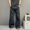 Jeans de mezclilla cruda negros, modernos y creativos, bordados; pantalones negros acampanados; pantalones unisex casuales, holgados, de pierna ancha y corte recto