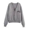 Exportación Transfronteriza Ropa de Mujer 2025 Otoño Estilo Europeo y Americano Cuello en V Manga Larga Tejido de Punto Jacquard Color Sólido Chaqueta para Mujer E74986