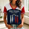 Fabricante Direto Roupas Femininas Transfronteiriças EUA 250ª Camiseta com Estampa Digital Decote V Dia da Independência Estrelas e Águias