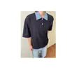 MADEEXTREME camisa polo de manga curta azul marinho com costura falsa de duas peças, respirável, gola polo xadrez, camiseta miu