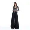 Pantalones casuales negros de pierna ancha de cintura alta con doble botón para mujer con diseño de cintura plisada plegable, jeans holgados y favorecedores