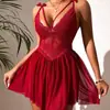 Lingerie Sexy Camisola Decote em V Profundo Roupão de Dormir Feminino Renda Transparente Novo Estilo Alças Afunilamento da Cintura Vestido Transparente Pijama de Alças