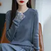 Suéter de punto de imitación de lana de alta calidad para mujer, jersey de cuello redondo de encaje, nueva camisa base fina ajustada otoño/invierno 2026