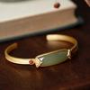 Pulsera de Oro Estilo Antiguo con Plata Pura Hetian Incrustada, Pulsera Abierta Vintage Estilo Chino para Novia