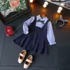 Vestido Novo de Manga Longa para Meninas Primavera e Outono 2024 Crianças Pequenas e Médias Saias de Princesa Patchwork Frescas Falsas Duas Peças