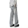 Jeans Retro Americano Desgastado de Corte Diagonal con Dobladillo Curvo para Hombre, Versátiles de Primavera, Holgados, Rectos, con Cordón, Caídos, de Pierna Ancha
