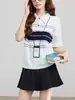 Camiseta de punto de manga corta con cuello polo y bloques de color a rayas estilo college para mujer, top de verano estilo coreano con cuello desplegable Apka