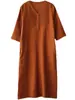 Vestido de Verano Versátil de Algodón y Lino con Cuello en V, Estilo Hong Kong, Holgado, de Talla Grande, Manga Corta, de Longitud Media, Artístico
