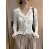 Blusa de Tricô com Gola Franzida Estilo Coreano Manga Longa para Mulheres Outono Commute Mangas Sino Slim Fit Chic Camada Base Curta