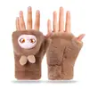 Guantes de Felpa Cálidos de Doble Capa con Forro Polar Engrosados para Ciclismo, Dedos Descubiertos con Solapa, de Dibujos Animados Lindos para Estudiantes, Niñas, Otoño e Invierno