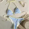 Bikini de Raya Fresca para Mujer con Ribete Amarillo, Cierre de Atar al Cuello, Copas Triangulares, Traje de Baño de Dos Piezas, Estilo Dulce Femenino, Playa