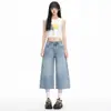 Mali & Retro Americano|Bigotes 3D Dandy|Jeans Rectos Sueltos de 3/4 para Mujer Azules de Tiro Bajo