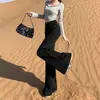 Calça jeans preta de perna larga para mulheres, novo estilo de verão 2026, cintura alta, modelagem solta, emagrecedora, não gruda no corpo, flare, calça comprida até o chão