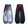 Jeans Masculino Xadrez Desconstruído Lavado High Street Americano Verão 2025 Novo Cleanfit Calça de Perna Larga Scimitar