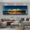 Pintura Decorativa para Sala de Estar con Fondo del Sol Dorado Brillando sobre las Montañas, Pintura Colgante de Pared de Fondo para Sofá Lujosa y Elegante, Paisaje para Oficina
