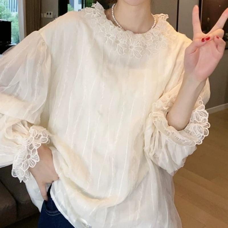 秋季新款法式甜美气质白色双层花朵领口长袖衬衫减龄温柔上衣_3