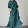 Saia longa feminina transfronteiriça moda bainha dividida Saia de sol elegante manga curta casual com cinto vestido de algodão e linho Feminino