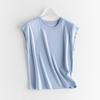 [Hengjia Cf] Camiseta de Algodón Mercerizado de Seda de Morera para Mujer, Cuello Redondo, Corte Holgado, Mangas Cortas Volantes, Ropa Exterior para Mujer, Estilo Verano