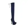 Botas Europeas y Americanas de Encaje Trasero Hasta la Rodilla Primavera y Otoño de Mezclilla Sin Pantalón Botas Tacón Fino Botas de Mujer Escenario de Agua Tienda Nocturna