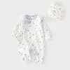 Macacão para Bebê Menina Recém-nascido Sem Costura Primavera e Outono 100% Algodão Macacão com Chapéu Roupa para Bebê e Criança Pequena Roupa de Engatinhar