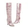 Botas Femininas de Cano Alto Bico Fino Tamanho 34-48, Botas Femininas Prata Tamanho Grande Slip-On Versátil com Solado de Borracha Antiderrapante