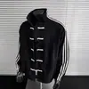 Nova jaqueta masculina estilo chinês com botões tradicionais, design de primavera, jaqueta bomber com gola alta e três listras, jaqueta cardigã esportiva