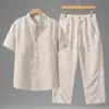 Camisa de Lino Tencel Camisa de Manga Corta para Hombre Pantalones de Lino Conjunto de Moda Casual Tendencia