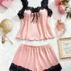 Pijama Sexy de Nuevo Estilo Transfronterizo para Mujer, Ribete de Encaje de Color Sólido, Colores Contrastantes, Ropa de Casa Dulce, Camisola con Shorts, Más Vendido en Comercio Exterior