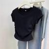 Top de Mujer de Manga Corta con Cuello en V Estilo Americano de Color Sólido con Hombro Regular Diseño de Verano Nicho Entallado con Fruncidos Camiseta de Chica Hot Capa Base