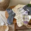 Songmu"Serie Gris Avena-Morado Calcetines de Media Pantorrilla a Cuadros Florales Ins-Trend para Mujer Estilo Coreano