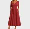 Europeu e Americano Transfronteiriço 2026 Verão Nova Chegada Amazon Feminino Estilo Elegante Cor Sólida Vestido Longo Decote V Manga Média Vestido Feminino