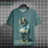 Estação Internacional Teum Camiseta de Moda de Verão Transfronteiriça Europeia e Americana com Estampa Divertida de Gato Gordo Masculina Gola Redonda Versátil Manga Curta
