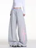 Pantalones de Chándal Anchos con Estampado de Letras Callejeras Estilo Americano para Mujer, Nuevos Pantalones Largos Sueltos Versátiles de Verano con Cordón, Pantalones Deportivos Grises