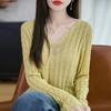 Suéter nuevo de verano 2025 de lino Tencel con cuello en V, manga larga, color sólido, delgado, con trenza de flor retorcida, jersey básico para mujer