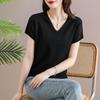 Camiseta de Manga Curta com Decote V para Novas Mães, Verão 2026, Top Fino Imitação de Seda, Blusa Solta Elegante em Malha de Seda Gelada para Mulheres