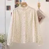Cardigan Feminino de Renda Estampado de Bolinhas Fresco e Simples Estilo Japonês, Camisa de Manga Longa, Roupa de Primavera, Tecido de Gaze Dupla Algodão Amigo da Pele