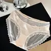 Calcinha de renda acetinada estilo francês para mulheres 2025 nova sexy de tule transparente cintura média forro de algodão macia fina confortável