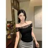 8520# Verano Nuevo Estilo Pura Pasión Patchwork de Encaje Camiseta de una Sola Manga Corta para Mujer Corte Delgado con Tirantes Fijos y Almohadillas en el Pecho Top