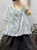 Blusa de Algodão Bordada Estilo Preguiçoso Verão Novo Gola Redonda Pulôver Manga Média Fina Camisa Base Retrô Top