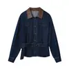 Novedad para Otoño 24/8 Chaqueta de Mezclilla Retro Estilo Hong Kong para Mujer con Parches de Cuero PU, Cuello Solapa y Cinturón F1050