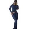 Comércio Exterior Casual Exercício Feminino Conjunto de Duas Peças Gola Redonda Manga Comprida Cintura Baixa Boca de Sino Roupa Esportiva Atacado Conjunto de Duas Peças