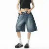 Shorts Jeans de Bainha Curva Estilo Jin Jing para Mulheres, Tendência de Verão Casual Versátil de Perna Larga Comprimento no Joelho, Shorts Soltos Versáteis