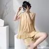 Novos Pijamas de Algodão e Seda para Mulheres 2026, Conjunto de Regata Lisa Sem Mangas com Shorts para Verão, Roupa de Casa Soltinha para Meninas para Primavera e Outono