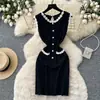 Vestido Preto Sem Mangas Estilo Chanel com Pérolas para Mulheres, Elegante Vestido de Tricô com Decoração de Pérolas, Afinando a Cintura, para o Verão