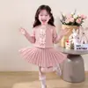 Conjunto de Saia Plissada de Tricô para Meninas, Vestido Estilo College para Bebê Menina Primavera e Outono, Conjunto de Duas Peças com Suéter e Laço para Crianças