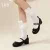 Calcetines de Algodón Puro con Cordones hasta Media Pantorrilla para Mujer, Calcetines de Encaje con Cinta para Primavera y Verano hasta la Rodilla, Calcetines de Pantorrilla Lolita